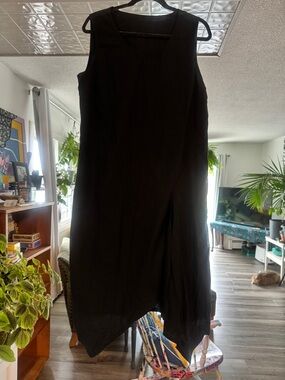 Tiki Palm 1X Black Lagenlook Maxi Dress Asymmetrical Sharkbite Hem Artsy
